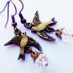 Bronze Cute Flying Bird Crystal Earrings..casual..