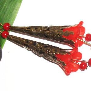 Red Lucite Flower Earrings Dangle Flower Cone..