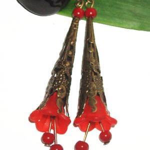 Red Lucite Flower Earrings Dangle Flower Cone..