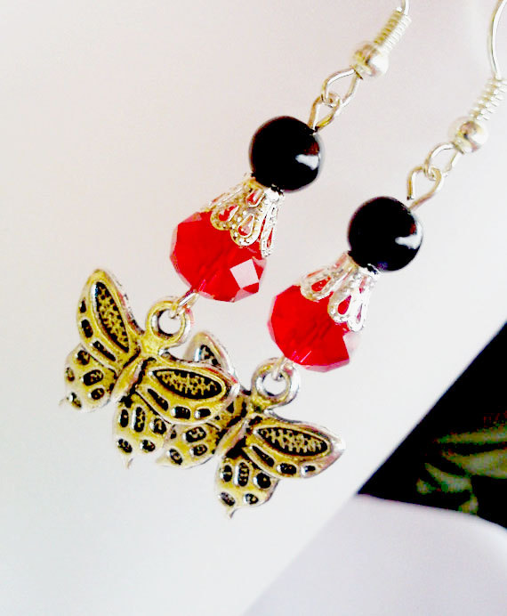 Silver Butterfly Charm Red Swarovski Crystal Earrings..great Affordable Gift