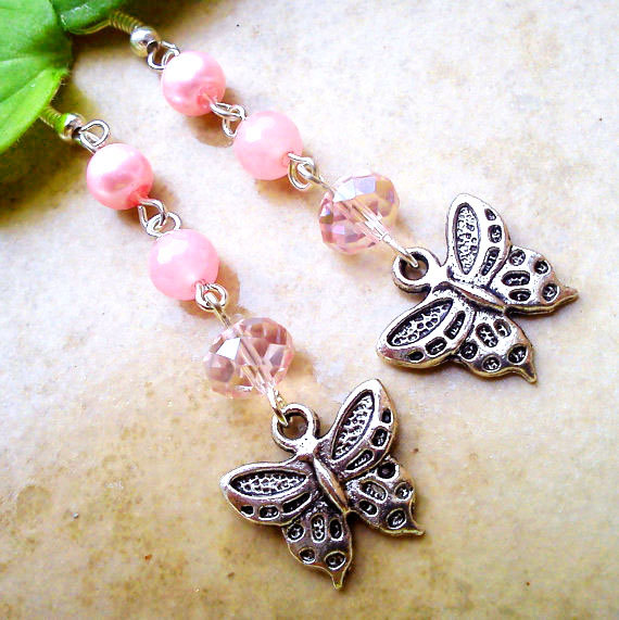 Buy 4 - Get 1 Pair Earrings ..dangle Crystal Silver Butterfly Charm Pink Earrings- Beautiful Affordable Gift