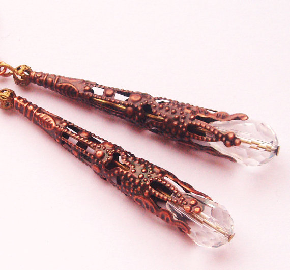 Dangle Antique Copper Cone Filigree Crystal Drop Vintage Look Earrings- Affordable Gift