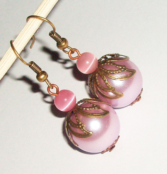Buy 4 - Get 1 Pair Earrings ..pink Glass Pearl Filigree Cat Eye Bead Vintage Look Antique Cute Affordable Earrings