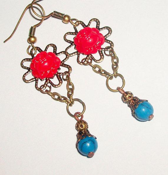 Cabochon Flower Rose Red Turquoise Stone Bead Dangle Chain Antique Vintage Look Boho Filigree Earrings