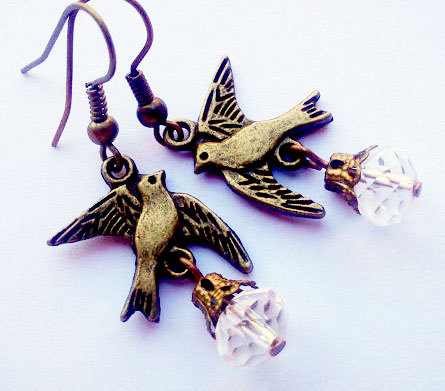Bronze Cute Flying Bird Crystal Earrings..casual Vintage Look..great Gift