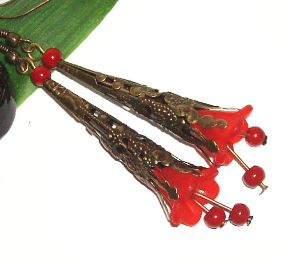 Red Lucite Flower Earrings Dangle Flower Cone Filigree Vintage Style Earrings