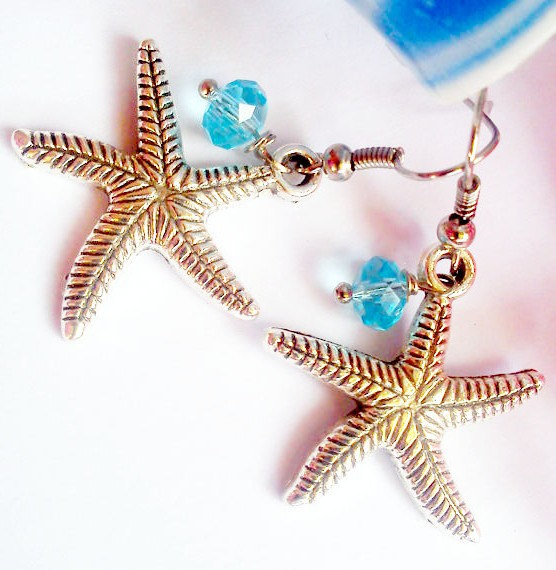 Silver Starfish Charm With Blue Crystal Bead Earrings-everyday -affordable Earrings