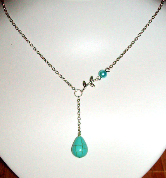 Branch Leaaf And Turquoise Drop Necklace