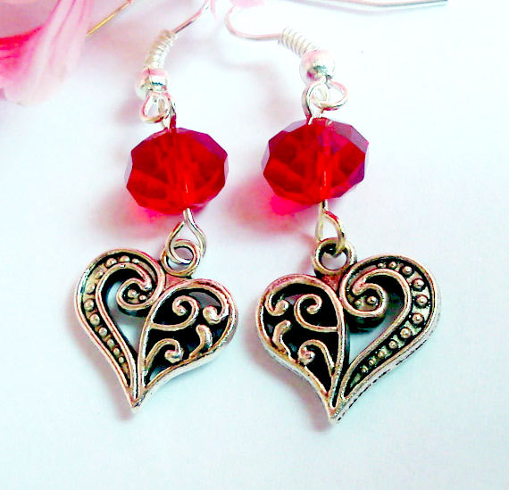 Buy 4 - Get 1 Pair Earrings ..love Red Crystal Antique Silver Heart Charm Valentine Earrings- Romantic Elegant Gift
