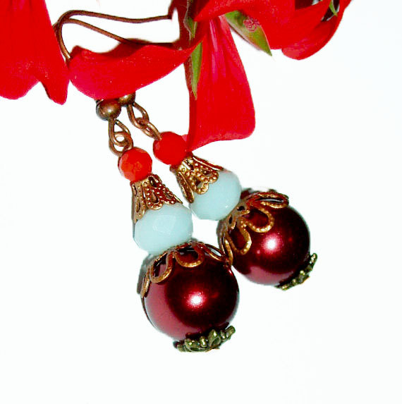 Buy 4 - Get 1 Pair Earrings ..dark Red Crystal White Brass Filigree Dangle Earrings.handmade By I.p.