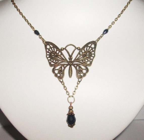 Lovely Black Crystal Drop Filigree Butterfly Pendant Bride Bridesmaid Vintage Look Necklace