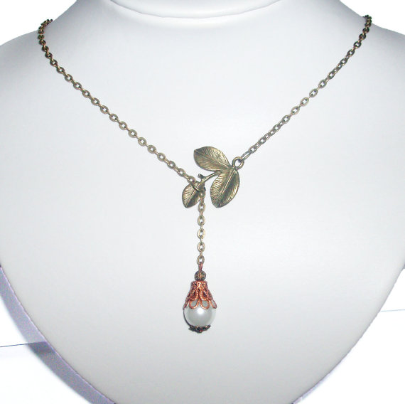 Lariat White Glass Pearl Bronze Vintage Look Necklace